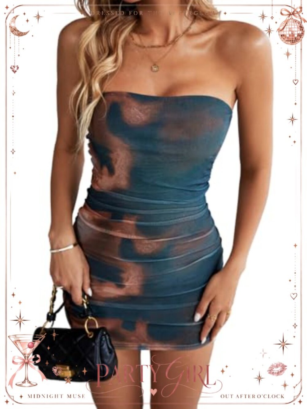 AVZXSA Women's Strapless Ruched Mini Dress Lined Print Mesh Bodycon Party Club